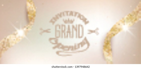 Elegant grand opening beige invitation card with sparkling ribbons. Vector illustration