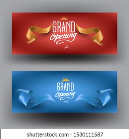 Elegant grand opening invitation banners with curly cut ribbons. Vector illustration