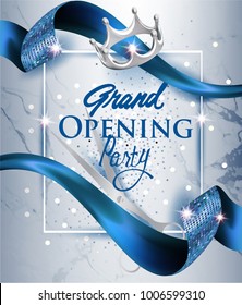 Elegant grand opening invitation card with blue textured curled blue ribbon and marble background. Vector illustration