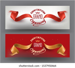 Elegant grand opening invitation card with sparkling ribbons. Vector illustration