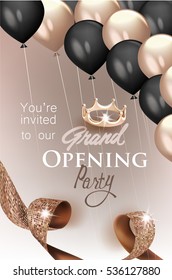 Elegant grand opening invitation card with beige textured curly ribbon crown and air balloons. Vector illustration