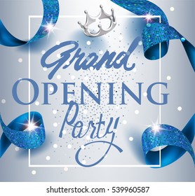 Elegant Grand Opening Invitation Card With Blue Textured Curled Gold Ribbon. Vector Illustration