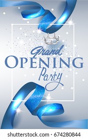 Elegant grand opening invitation card with blue textured curled gold ribbon. Vector illustration