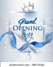 Elegant grand opening invitation card with blue textured curled ribbon and marble background. Vector illustration