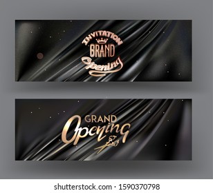 Elegant grand opening invitation cards with pleated fabric background. Vector illustration