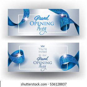 Elegant grand opening invitation cards  with blue textured curled gold ribbons. Vector illustration