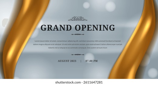 Elegant grand opening poster featuring gold satin vertical ribbons and a dreamy silver bokeh background