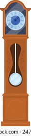 Elegante Großvateruhr antikes Holzdesign klassisches Dekor Blumengravur Vintage. Detaillierte blaue Uhr Gesicht römische Ziffern verziert Hände. Hohe braune Holzpendel lange Gehäuse Artistik vertikal