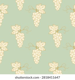 Elegant grape seamless pattern with hand drawn stylized bunches and leaves for kitchen textile fabric wallpaper and wine packaging design in light green and cream colors