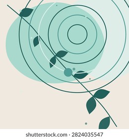 An elegant graphic design showing soft teal circular layers intertwined with a slender leaf-bearing stem embodying serenity and nature.