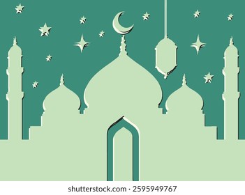 Elegant graphic featuring an Islamic mosque silhouette under a crescent moon and stars on a green background.