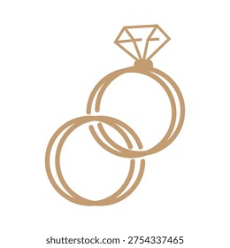 Elegant graphic illustration of two intertwined wedding rings, one with a sparkling diamond, perfect for symbols of love, commitment, and marriage anniversaries.