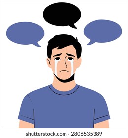 Elegant graphic of A sad crying man with dark hair looks down