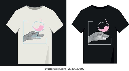 An elegant graphic t-shirt print featuring a hand holding a glass of rosé wine within a square frame. A modern, aesthetically pleasing design for wine lovers and partygoer