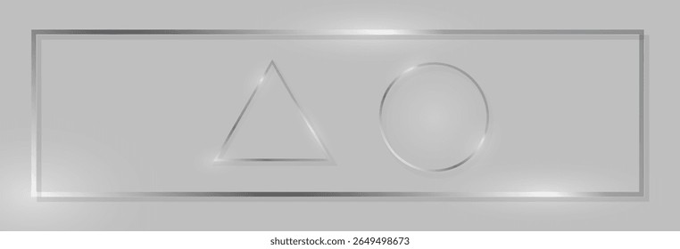 Fundo cinza elegante com um quadro de prata minimalista, mostrando um triângulo luminoso e círculo, criando um design abstrato limpo e moderno com sutis padrões de luz reflexiva.