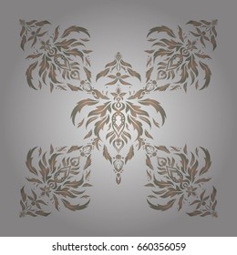 Elegant gray and beige ornament with stylized stars, filigree decor on ornate background. Luxury vector seamless pattern, button-tufted texture, ornate elements in vintage style.