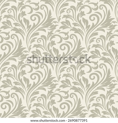 Elegant gray damask pattern on cream background, vector seamless damask pattern for wallpaper, and decorative damask pattern for modern interior design.