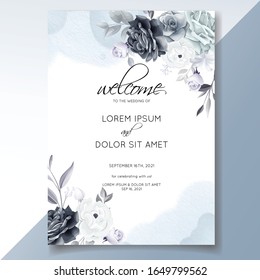 Elegant gray floral wedding invitation card template with silver leaves and watercolor frame