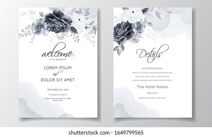 Elegant gray floral wedding invitation card template with silver leaves and watercolor frame