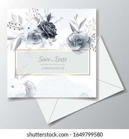 Elegant gray floral wedding invitation card template with silver leaves and watercolor frame