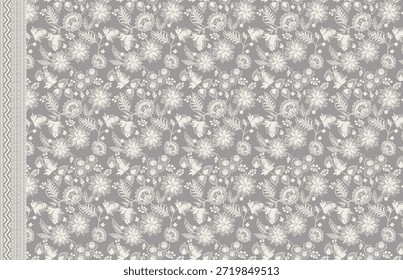 Elegante Fondo de pantalla gris con repetidas flores, hojas y pájaros blancos bordados, además de una franja de borde estampada a la izquierda.