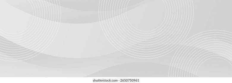 Elegant grayscale vector background with soft waves and concentric white circles, creating a modern and minimal abstract design perfect for presentations or professional use.