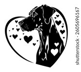 Elegant Great Dane silhouette with a heart design. A beautiful black and white vector illustration