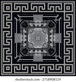 Elegante patrón de borde de meandro griego con adorno central barroco clásico. Diseño de marco cuadrado negro y gris para bufandas de lujo, azulejos y decoración. Vector de arte griego antiguo atemporal.