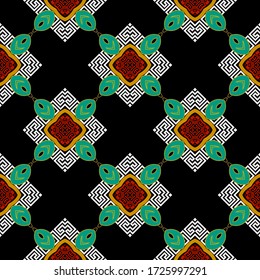 Elegante vectores griegos sin fisuras. Fondo geométrico moderno ornamentado. Repetir el fondo geométrico. Hermosos adornos hombus simétricos. Los crujidos de las llaves griegas son marcos de autobús. Formas geométricas.