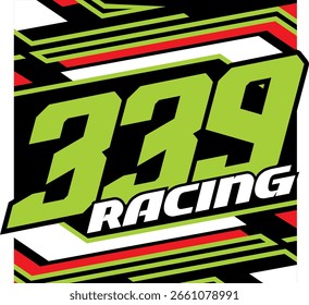 Elegant green 339 number vector, RACING text, 3d illustration line background.