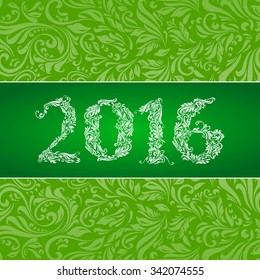 Elegant green banner for year Twenty-Sixteen over ornate floral pattern background