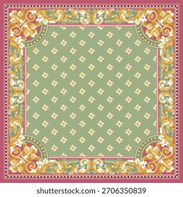 An elegant green baroque pattern framed with luxurious gold ornamental borders and vibrant decorative corners.