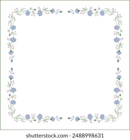 Elegant green and blue vegetal ornamental frame with daisy flowers, decorative border, corners for greeting cards, banners, business cards, invitations, menus. Isolated vector illustration.	
