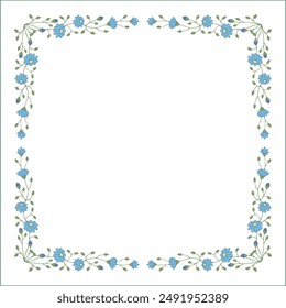 Elegant green and blue vegetal ornamental frame with daisy flowers, decorative border, corners for greeting cards, banners, business cards, invitations, menus. Isolated vector illustration.