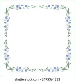 Elegant green and blue vegetal ornamental frame with blue flowers, decorative border, corners for greeting cards, banners, business cards, invitations, menus. Isolated vector illustration.