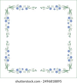 Elegante marco ornamental vegetal verde y azul con flores azules, borde decorativo, esquinas para tarjetas de felicitación, Anuncios, tarjetas de visita, invitaciones, menús. Ilustración vectorial aislada.	
