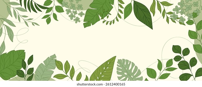 Elegant Green Botanical Frame with Tropical Leaves on Beige Background. Natural and organic lush greenery. Perfect for invitations, eco branding, and cards, print, banners