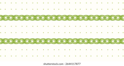Elegant green Celtic border pattern with horizontal braids and dotted background. Ideal for textile, packaging, and decorative design. Celtic, pattern, green, border, dotted.