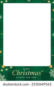 Elegant Green Christmas Polaroid Frame For Festive Holiday Photo Template. Adorned with golden stars, snowflakes, and warm string lights for a festive touch. 