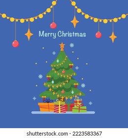Elegant green Christmas tree, decorated with garlands and balls with gifts near it with blue snowflakes and yellow stars on a blue background. Vector illustration in flat style for print and we