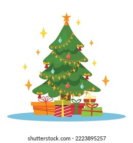 Elegant green Christmas tree, decorated with garlands and balls with gifts near it with blue snowflakes on the background. Vector illustration in flat style for print and web