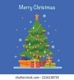 Elegant green Christmas tree, decorated with garlands and balls with gifts near it with blue snowflakes and yellow stars on a blue background. Vector illustration in flat style for print and we
