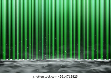 Elegant green curtain on luxury stage with velvet drapes, spotlight, smoke and fog machine effects. Retro inspired vector for concert, opera or celebration. Perfect for high end events.