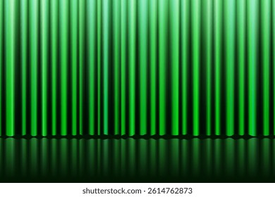 Elegant green curtain with soft velvet folds and floor reflection. Luxurious closed stage backdrop for opera, cinema, concert or cultural event. Vector illustration with retro and abstract style.