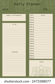 Elegant green day planner template with mandala. Ideal for organizing and planning your day.