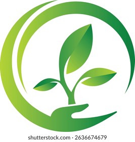 Elegant green eco logo featuring leaves growing from a hand in a circular design. Suitable for environmental projects, organic products, wellness brands, and sustainability campaigns. Fully scalable v