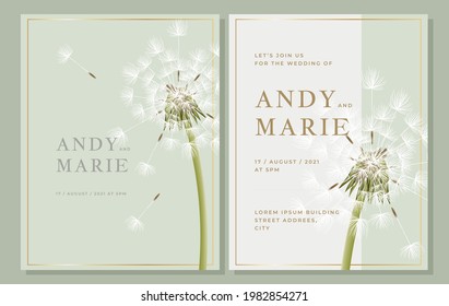 Elegant green engagement invitation template with realistic dandelion in green pastel colors.