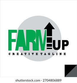 Elegante Vector de texto verde FARM UP, forma de flecha básica, diseño de logotipo de empresa agrícola.