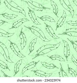 Elegant green feathers on green  background. Seamless vector pattern.