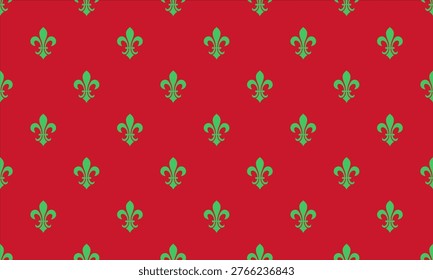 Elegant green fleurdelis pattern on a rich red background.